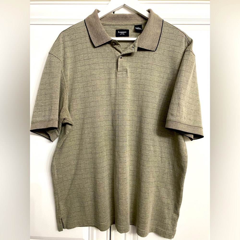 Haggar Men’s Size Large Short Sleeve Polo Shirt Camo Green with Check Top Golf